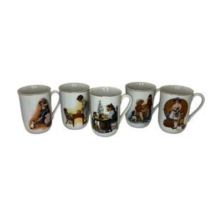 Norman Rockwell Vintage 1981 painted cups white w/ gold trim 5 unique mugs